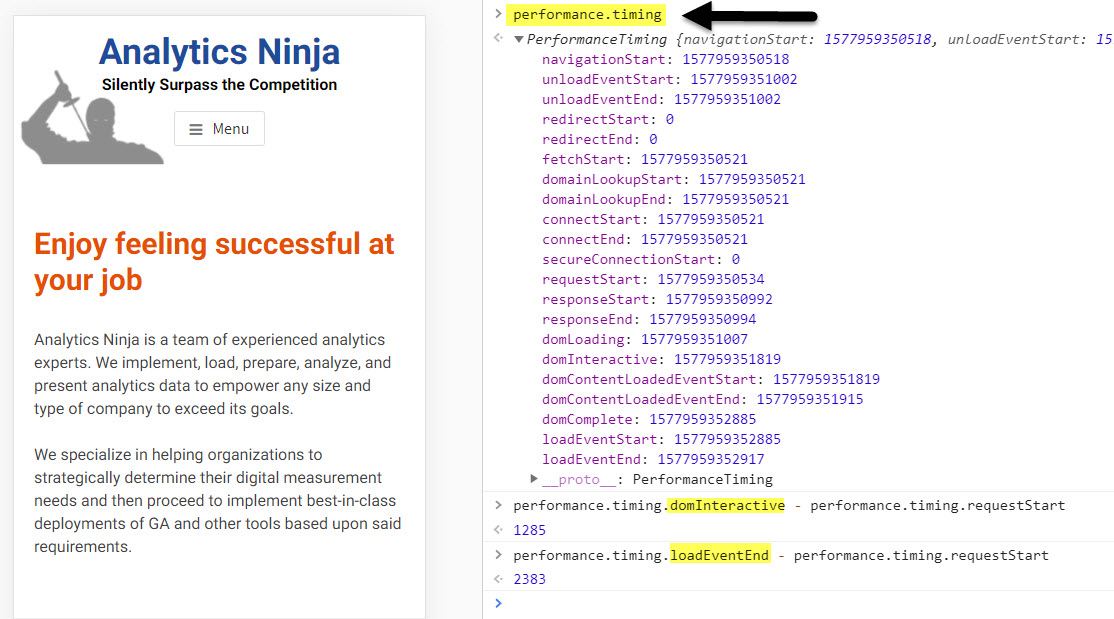 analytics ninja timing values